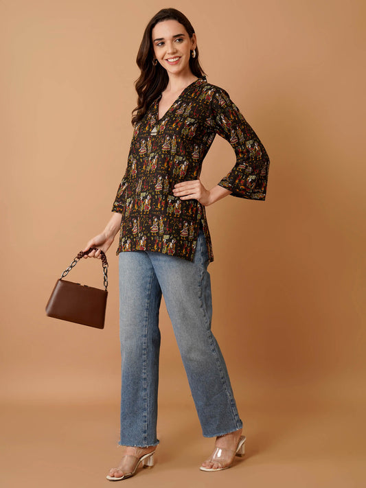 Kalamkari Print Short Kurti-Black