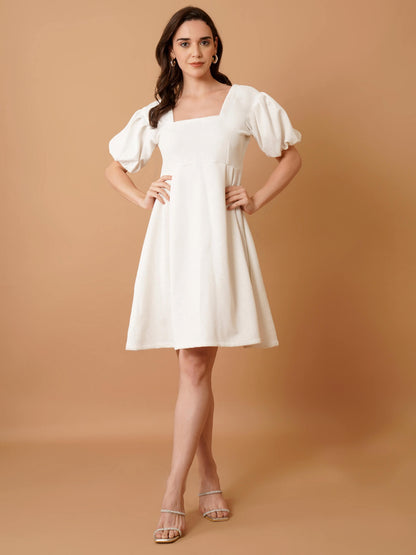 White shimmer Mini Dress with Puff Sleeves