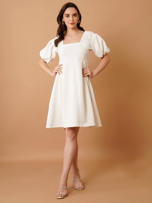 White shimmer Mini Dress with Puff Sleeves