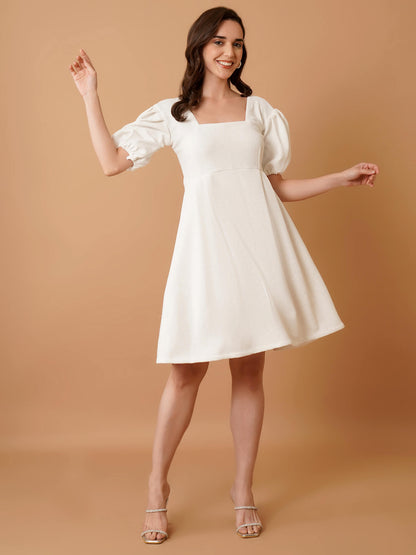White shimmer Mini Dress with Puff Sleeves