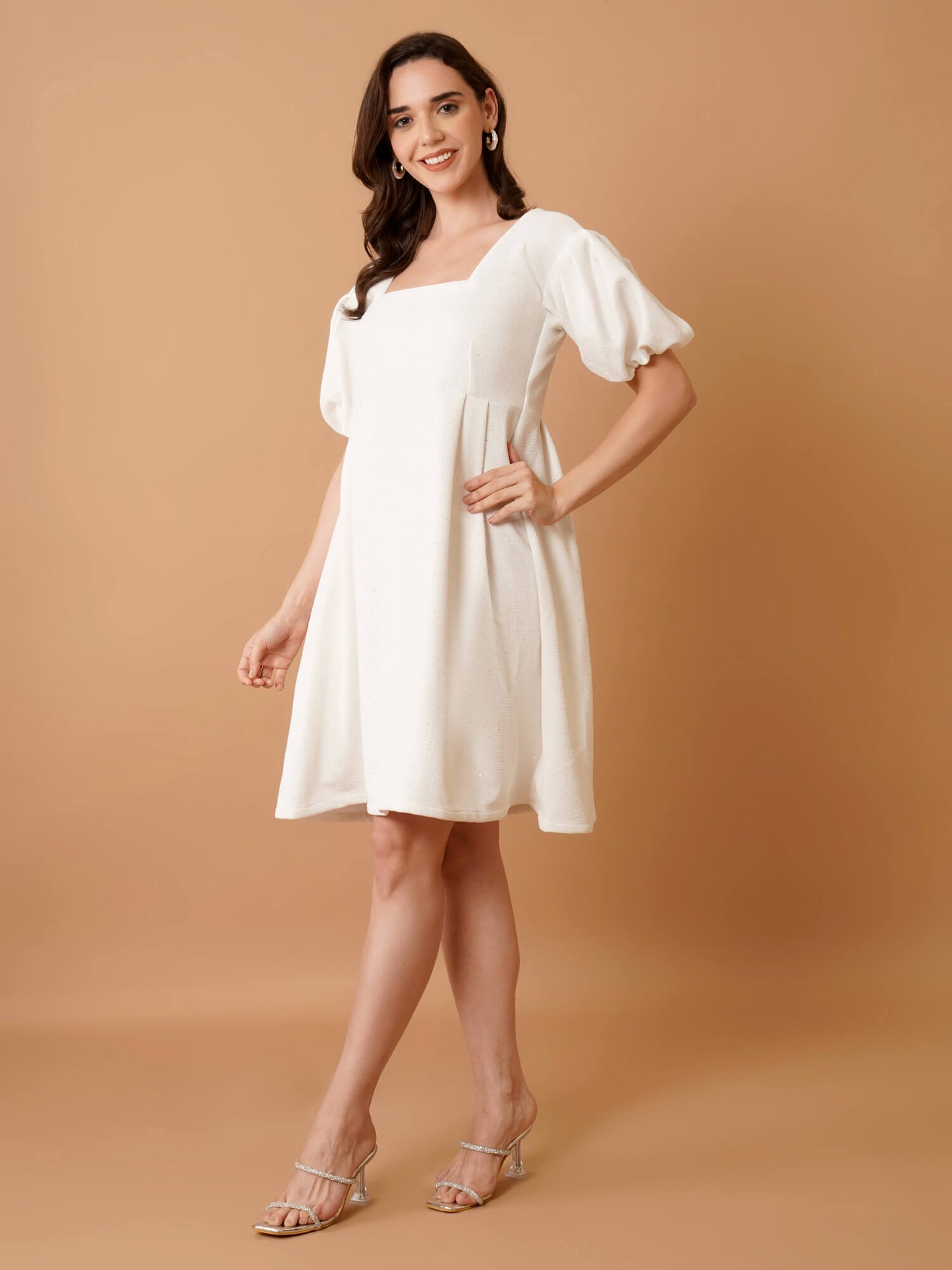 White shimmer Mini Dress with Puff Sleeves