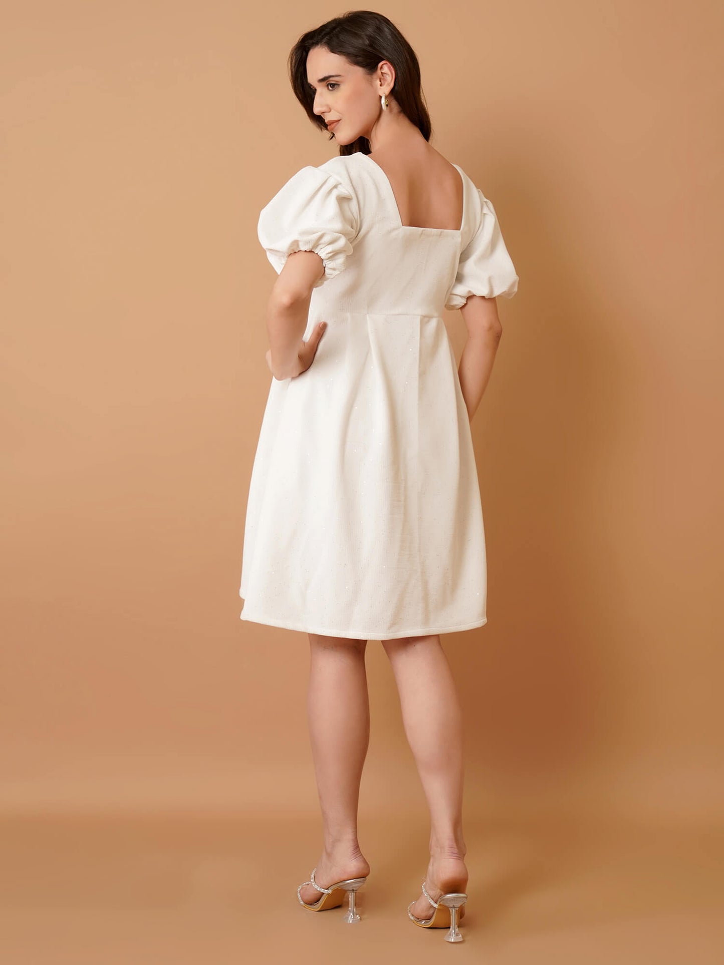 White shimmer Mini Dress with Puff Sleeves
