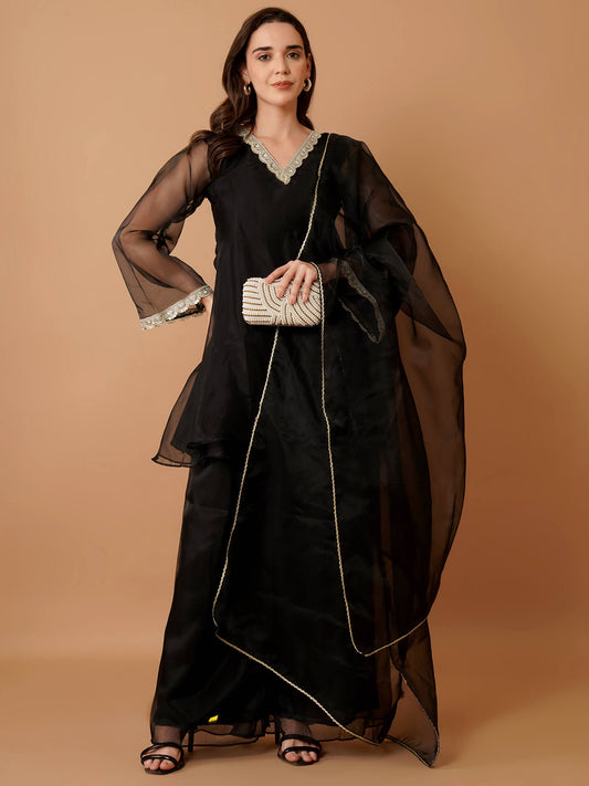 Black Organza Kurti with Plazzo and Dupatta