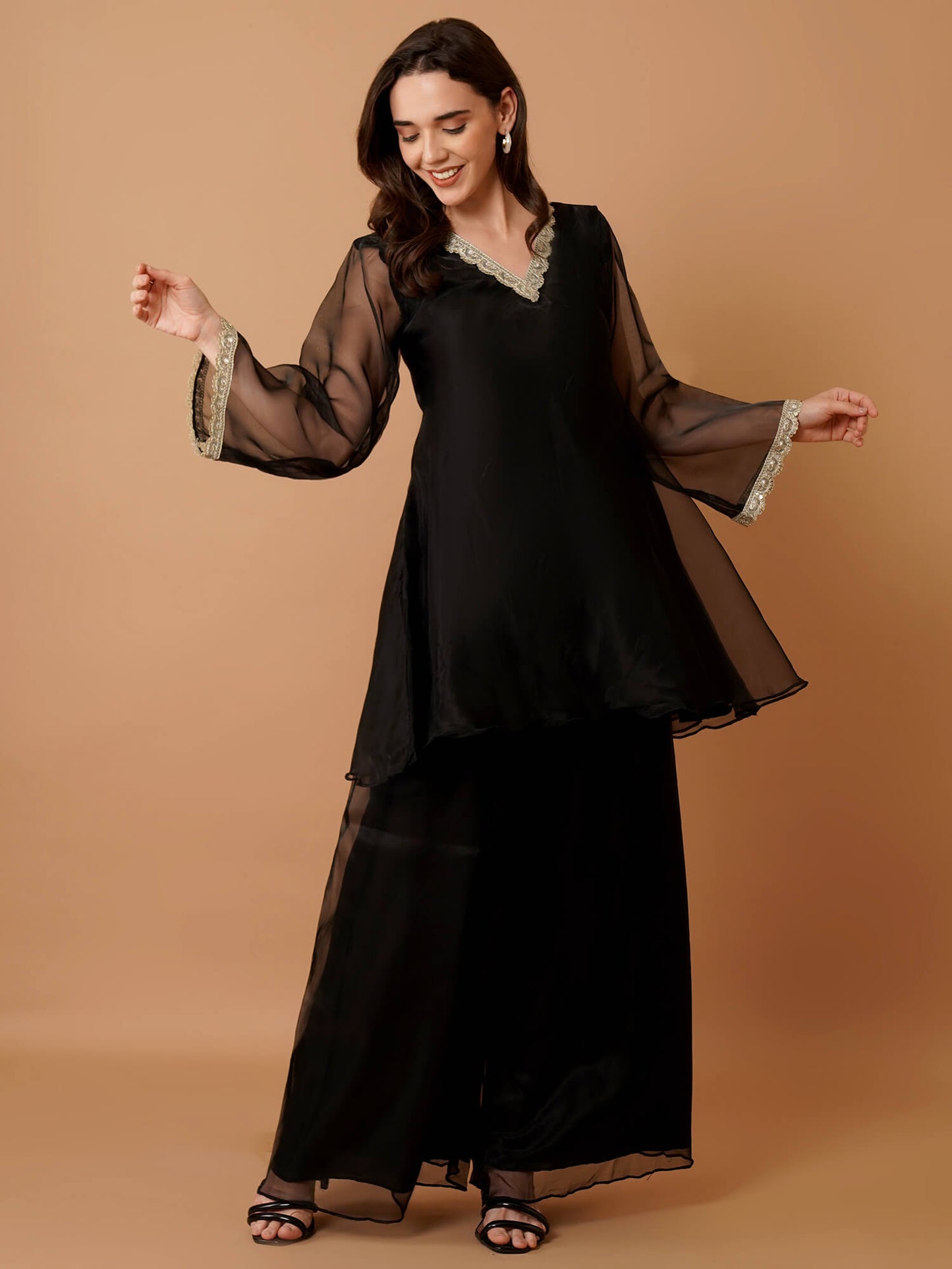 Black Organza Kurti with Plazzo and Dupatta