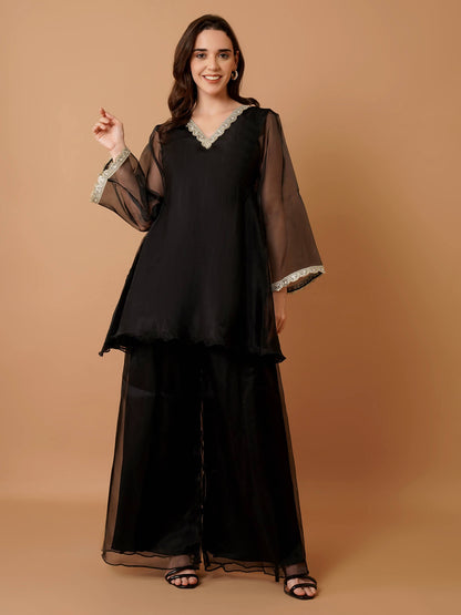 Black Organza Kurti with Plazzo and Dupatta
