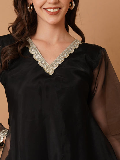 Black Organza Kurti with Plazzo and Dupatta