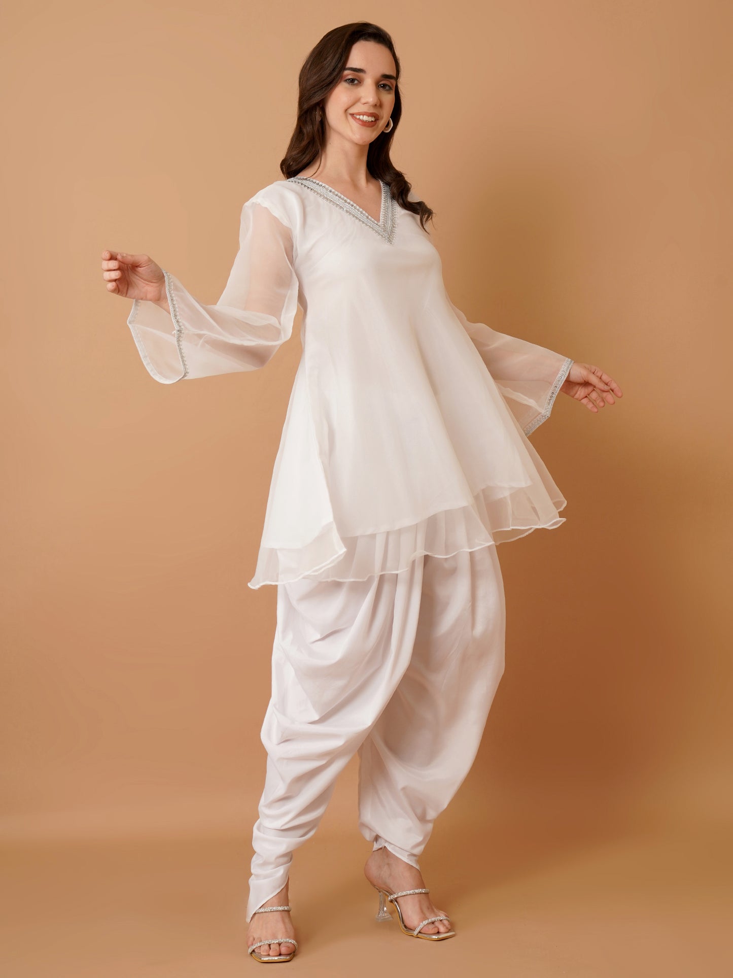 White Organza Kurti with Dhoti and Dupatta