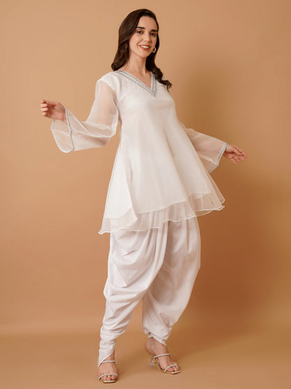 White Organza Kurti with Dhoti and Dupatta