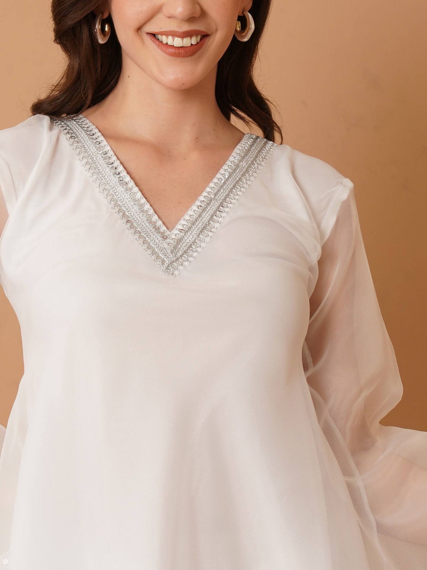 White Organza Kurti with Plazzo and Dupatta