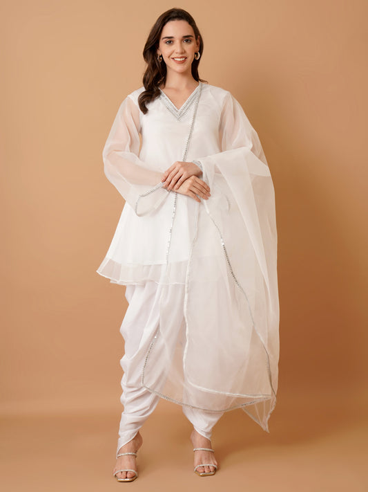 White Organza Kurti with Dhoti and Dupatta