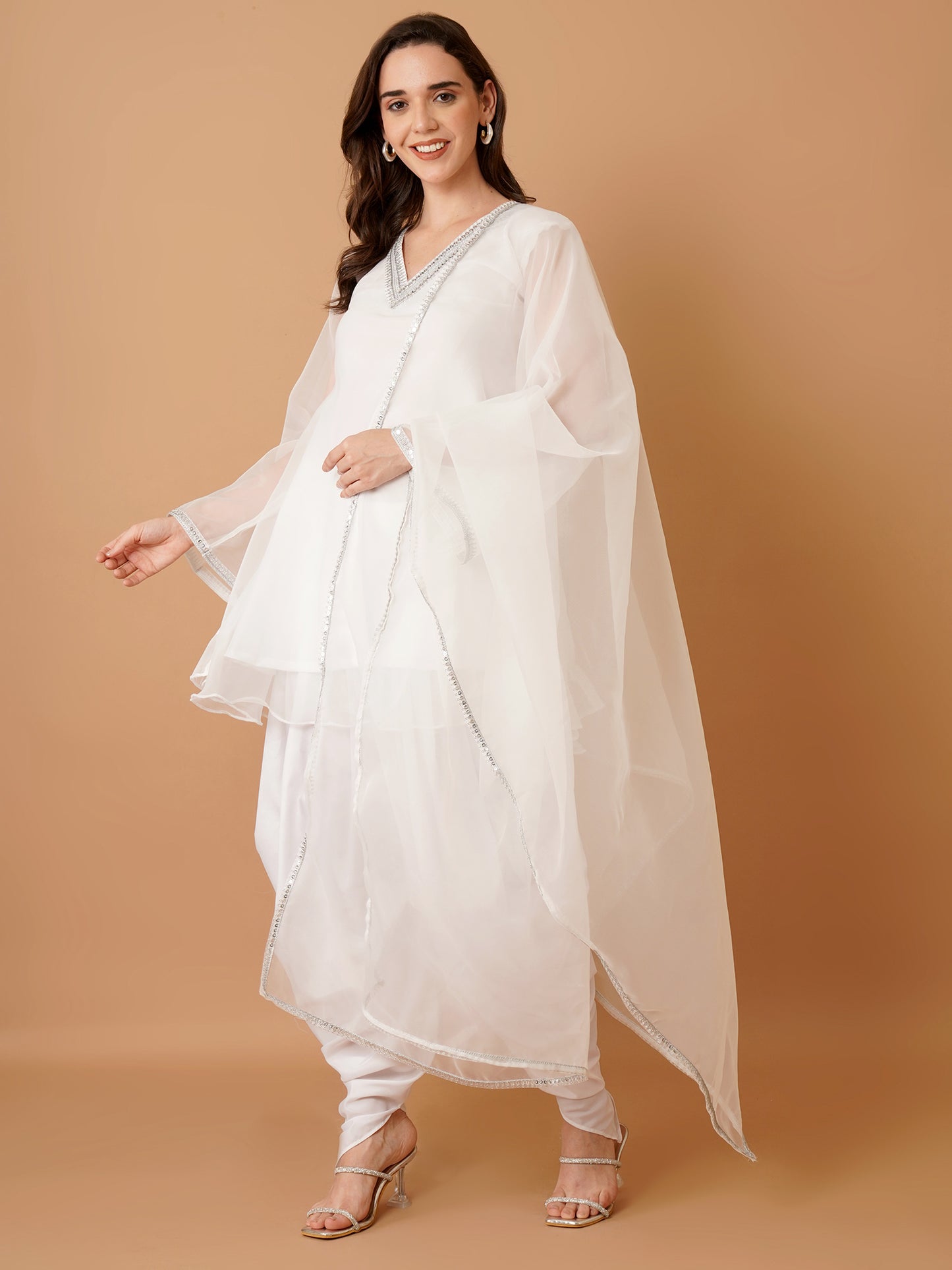 White Organza Kurti with Dhoti and Dupatta