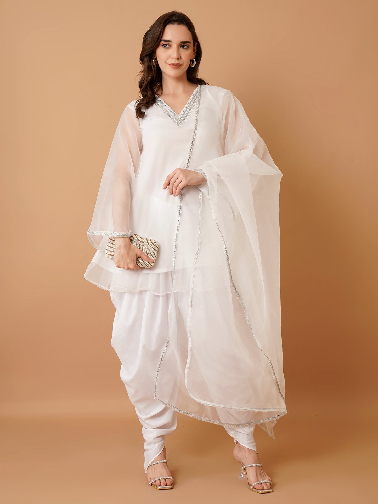 White Organza Kurti with Dhoti and Dupatta