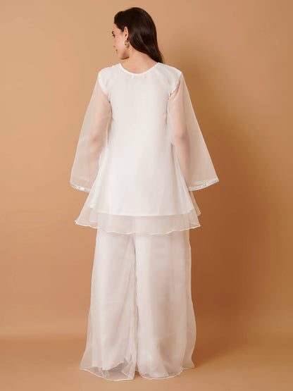 White Organza Kurti with Plazzo and Dupatta