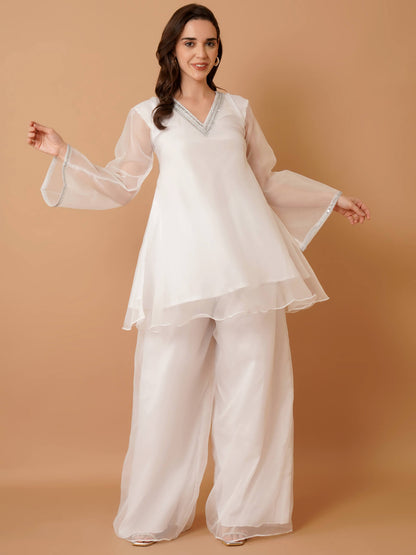 White Organza Kurti with Plazzo and Dupatta