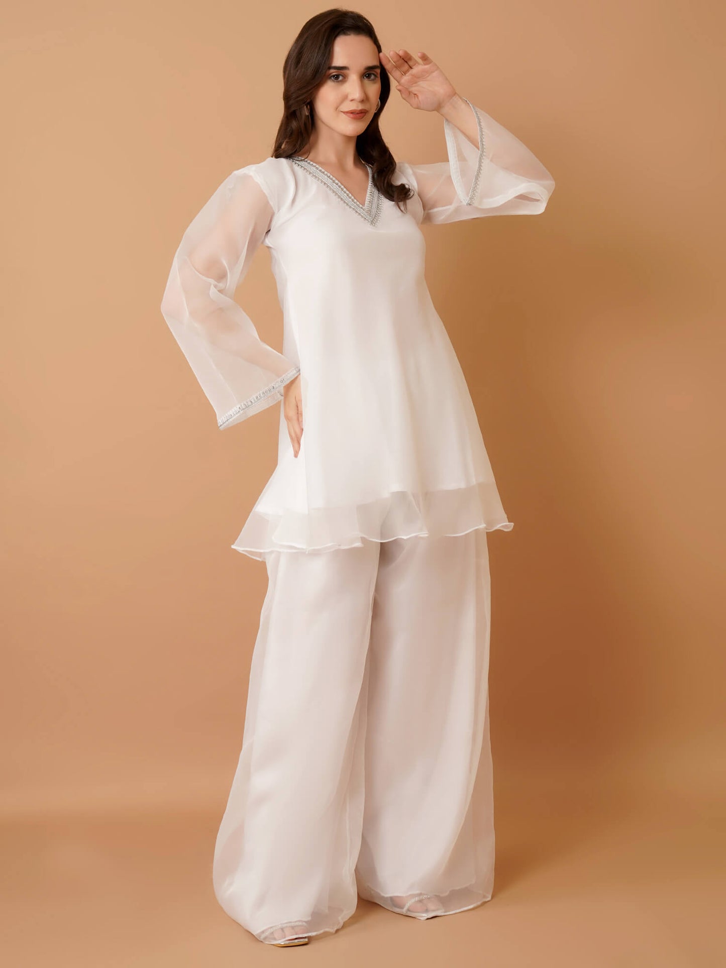 White Organza Kurti with Plazzo and Dupatta