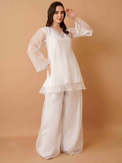 White Organza Kurti with Plazzo and Dupatta