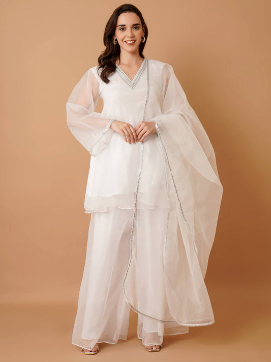 White Organza Kurti with Plazzo and Dupatta