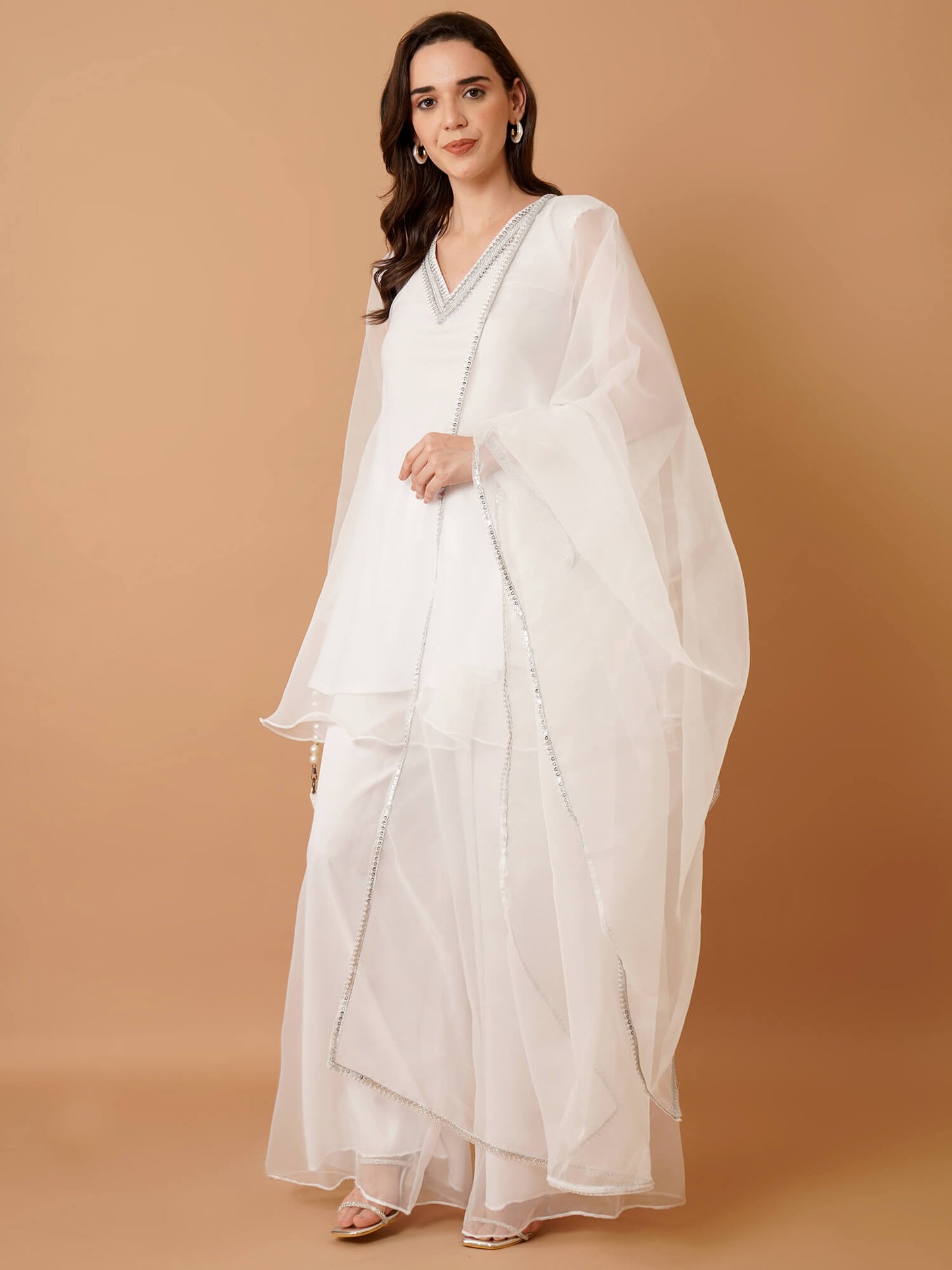 White Organza Kurti with Plazzo and Dupatta
