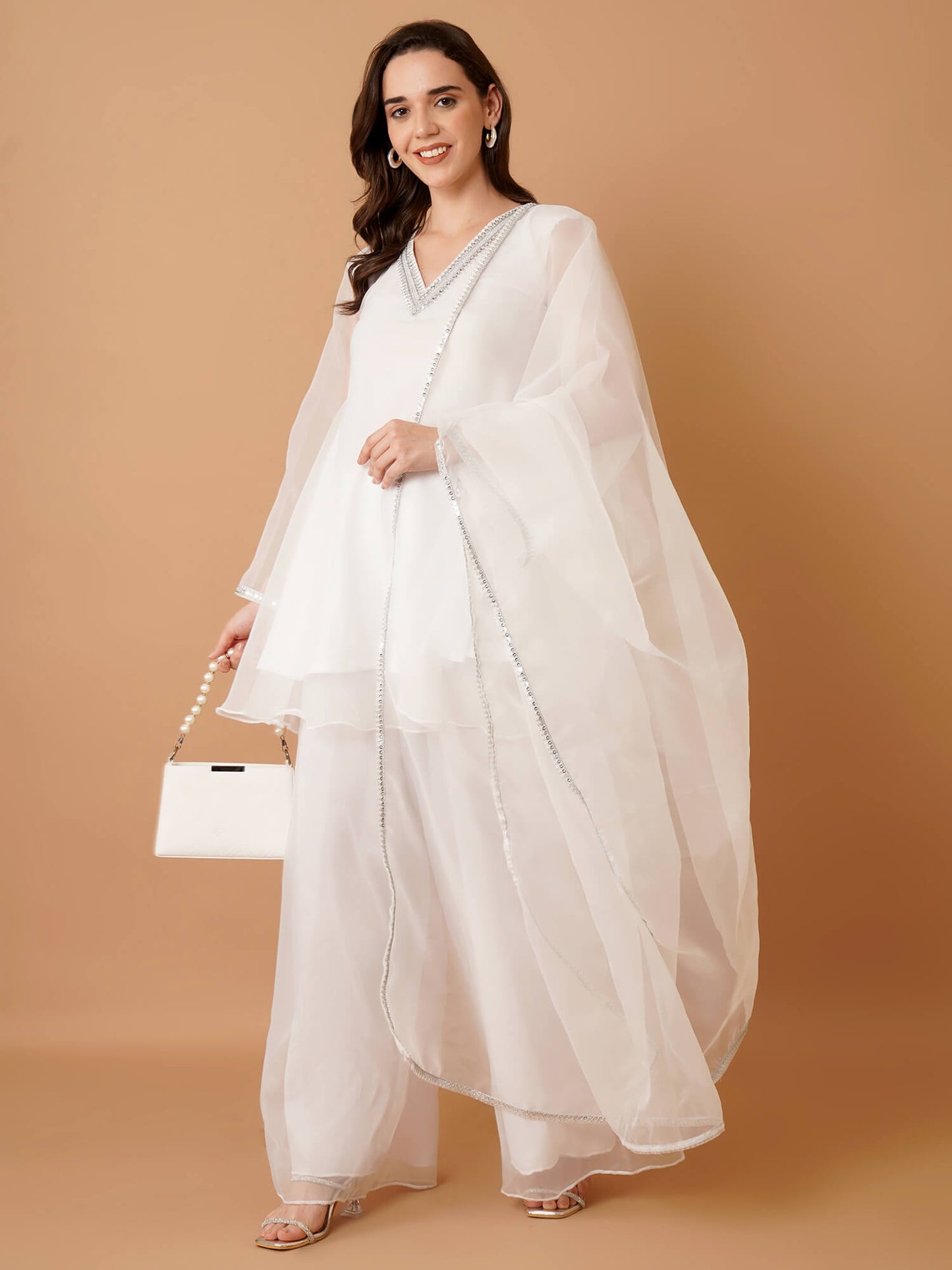 White Organza Kurti with Plazzo and Dupatta