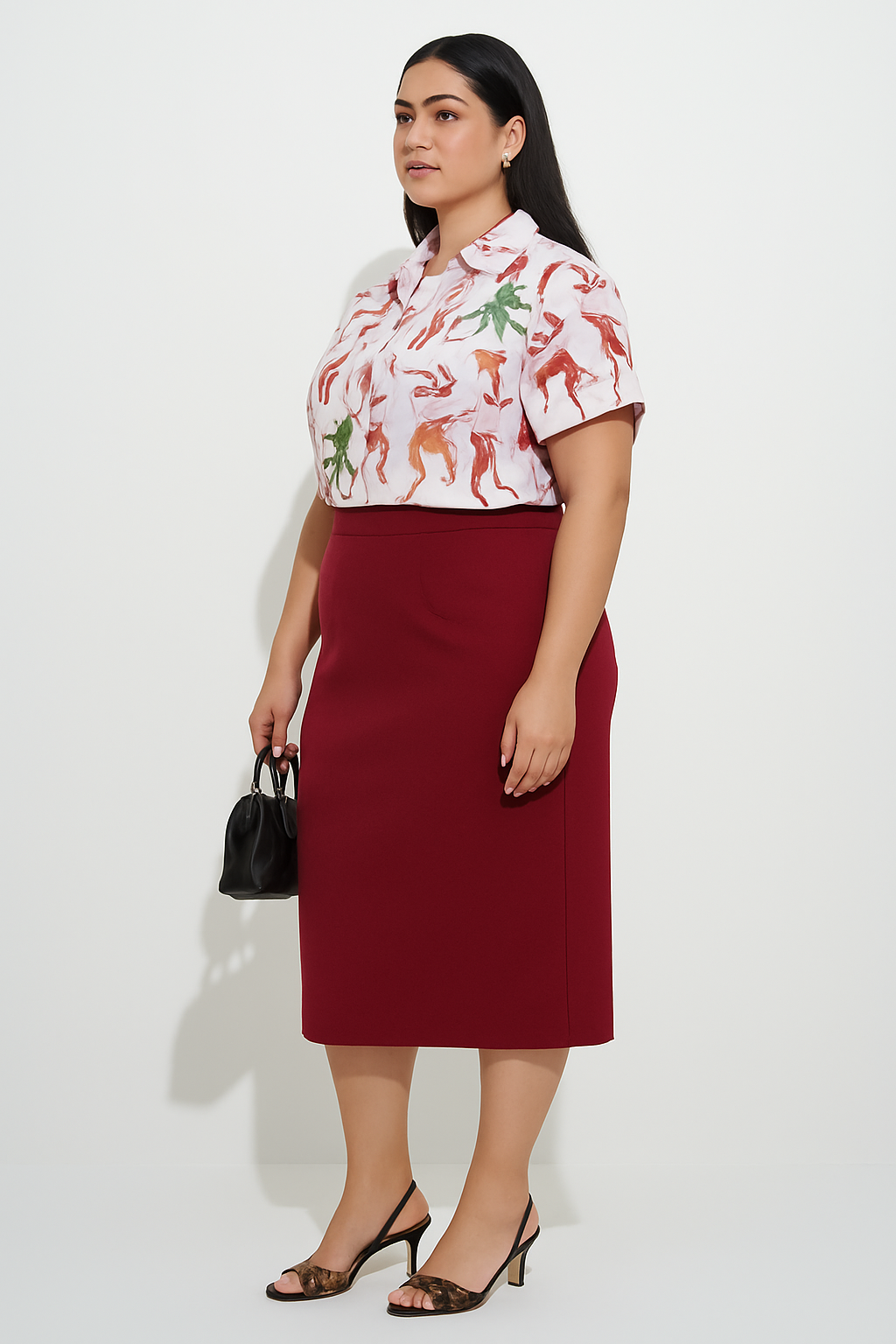Red Pencil Skirt with white printed crop shirt