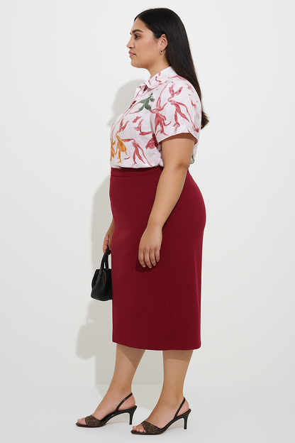 Red Pencil Skirt with white printed crop shirt