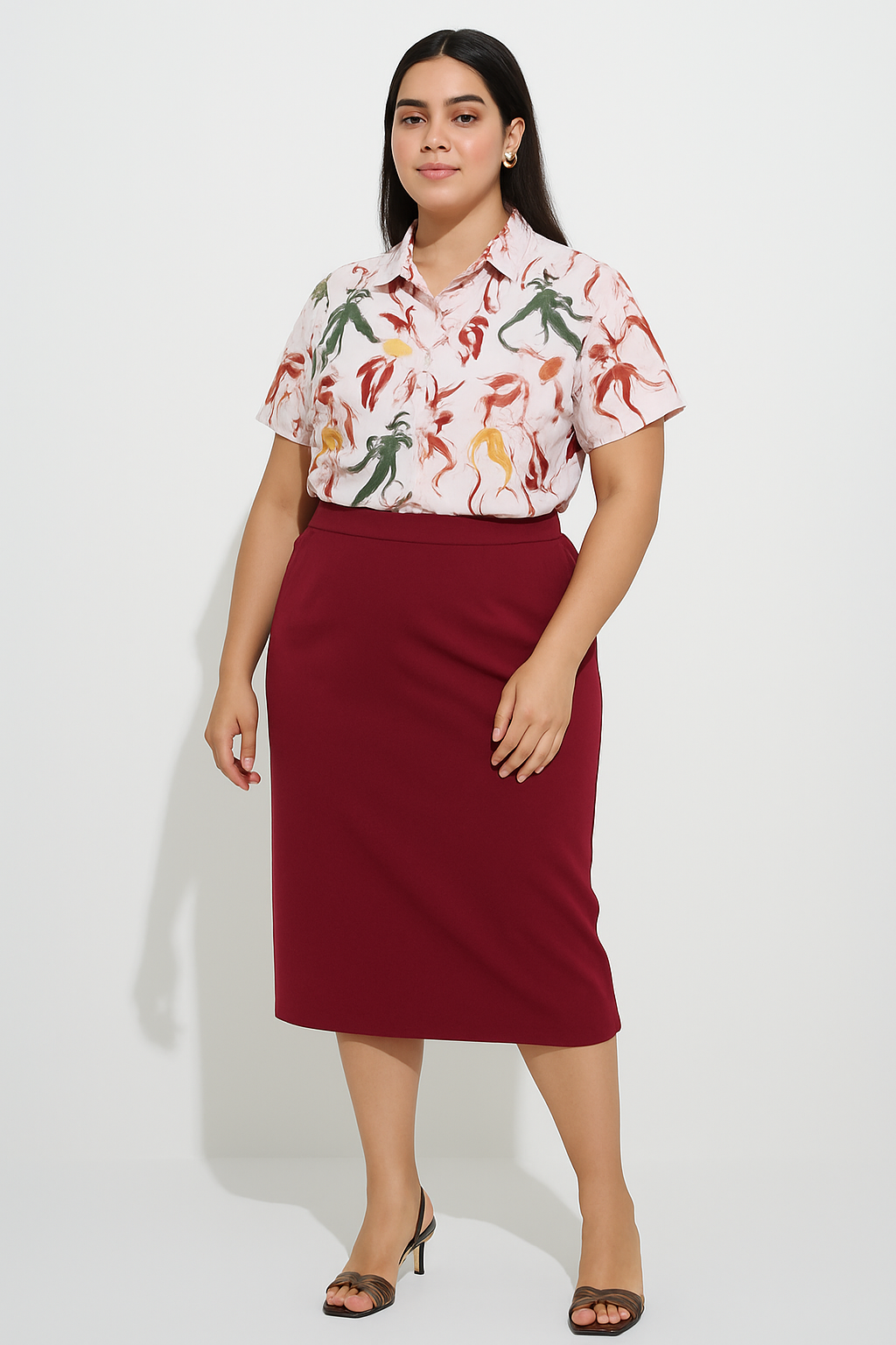 Red Pencil Skirt with white printed crop shirt