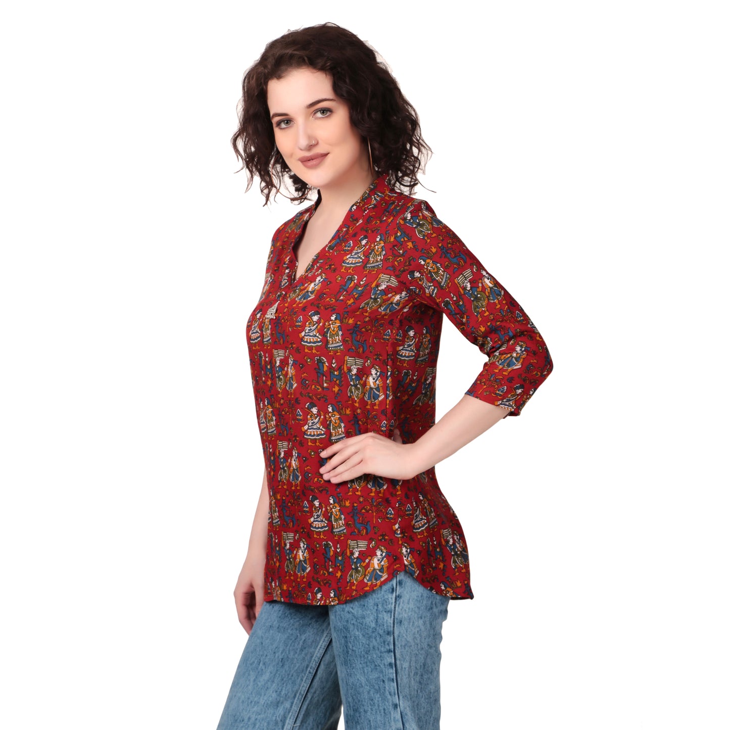 Magnetism Yellow Kalamkari Short Kurti fro Women