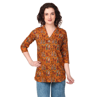 Magnetism Yellow Kalamkari Short Kurti fro Women