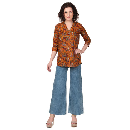 Magnetism Yellow Kalamkari Short Kurti for Women