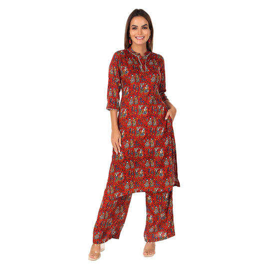 MAGNETISM Kalamkari Cotton Kurti Pant Maroon