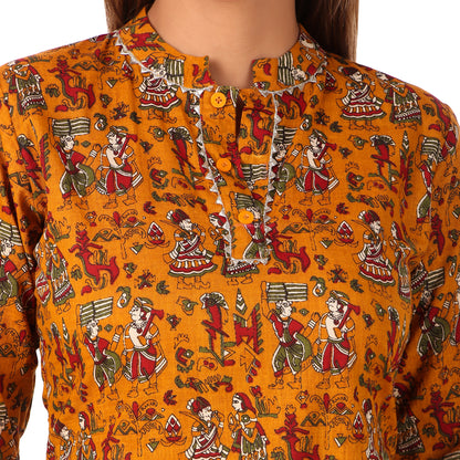 MAGNETISM Kalamkari Cotton Kurti Pant Mustard