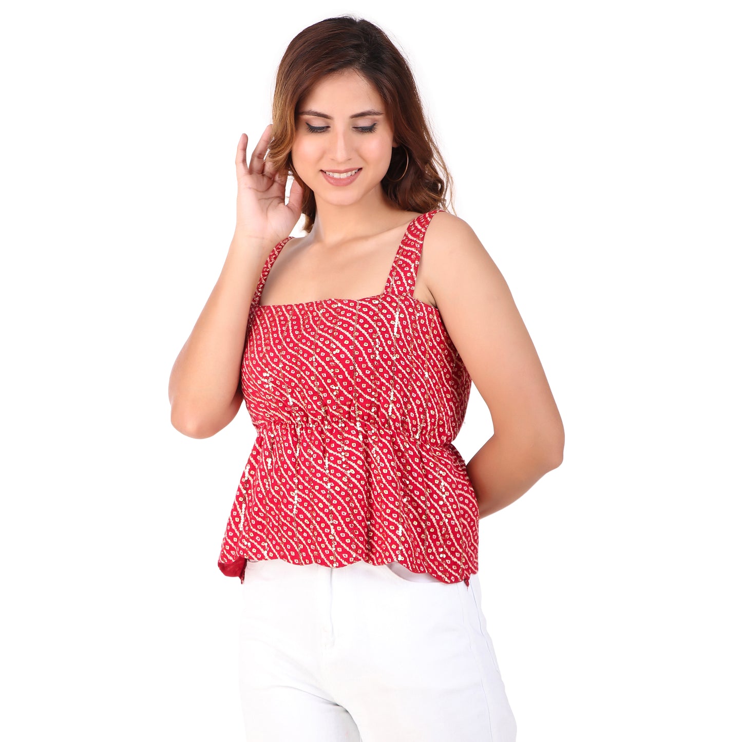 Magnetism Red Embroidered Bandhani Top