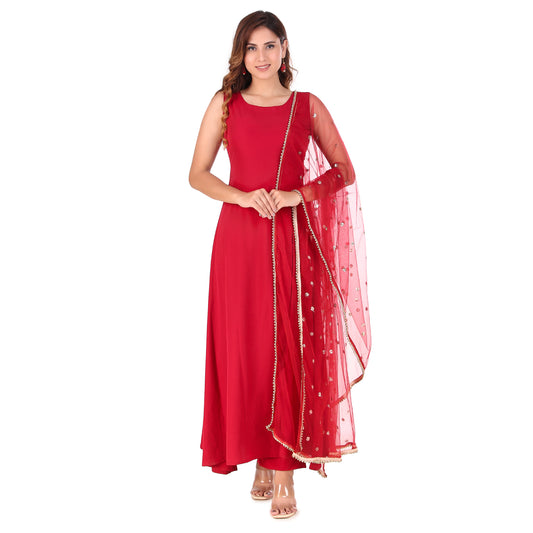 Magnetism Red Side Slit kurta with Pant & Dupatta
