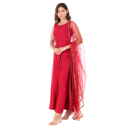 Magnetism Red Side Slit kurta with Pant & Dupatta