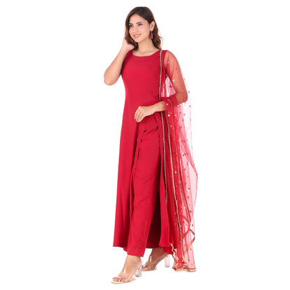 Magnetism Red Side Slit kurta with Pant & Dupatta