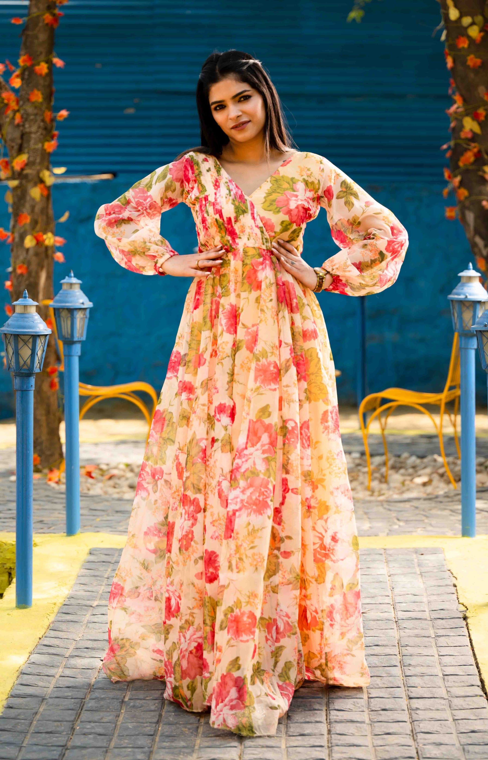 MAGNETISM Organza Full Flared Floor Length Printed Gown for Women Enzyrra MAGNETISM Organza Full Flared Floor Length Printed Gown for Women Enzyrra