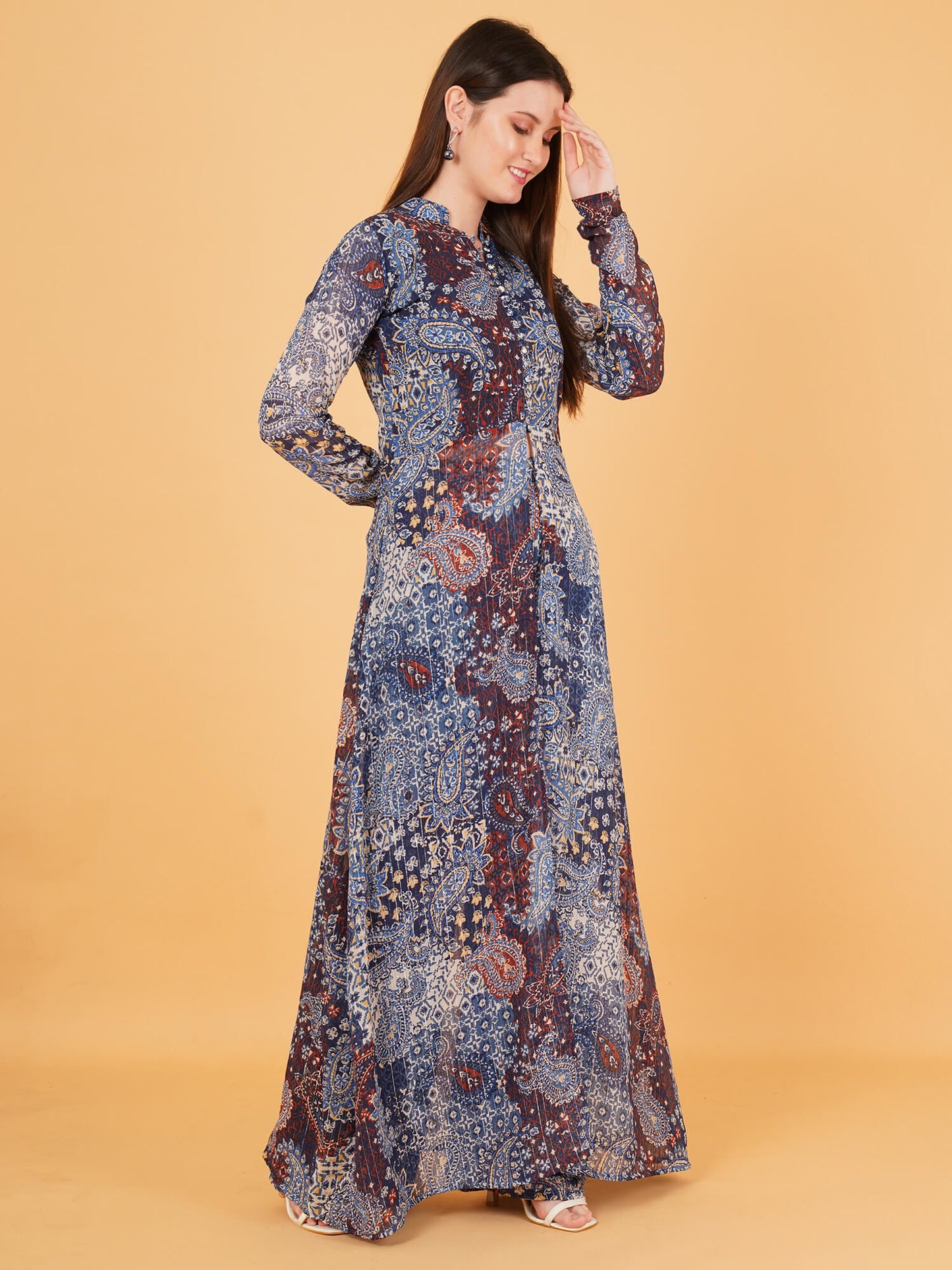 Front-Open blue chiffon Maxi Dress
