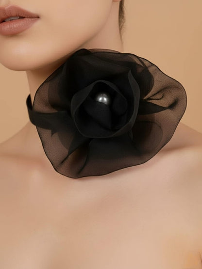Black Organza Flower Choker with Pearl
