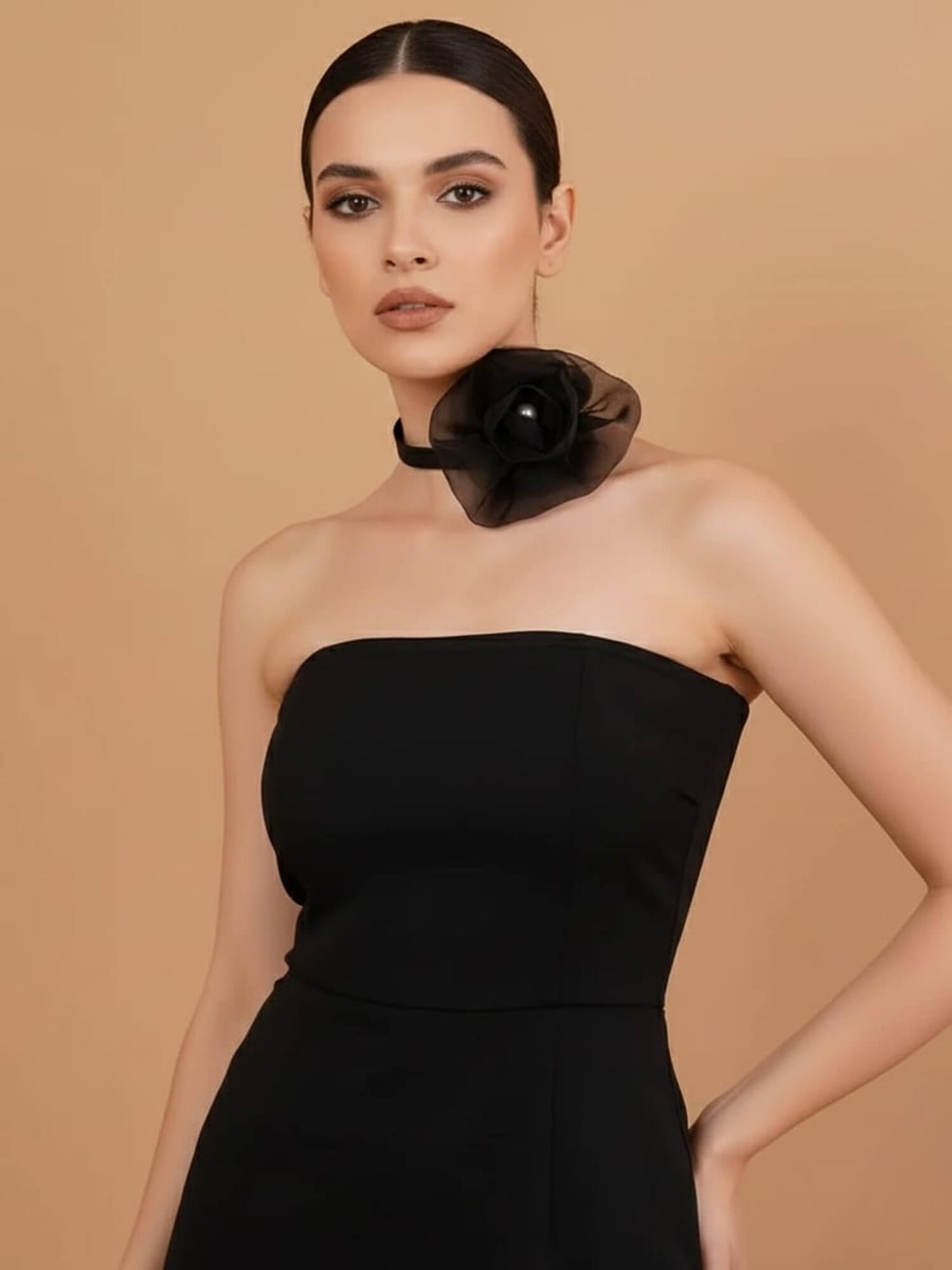 Black Organza Flower Choker with Pearl