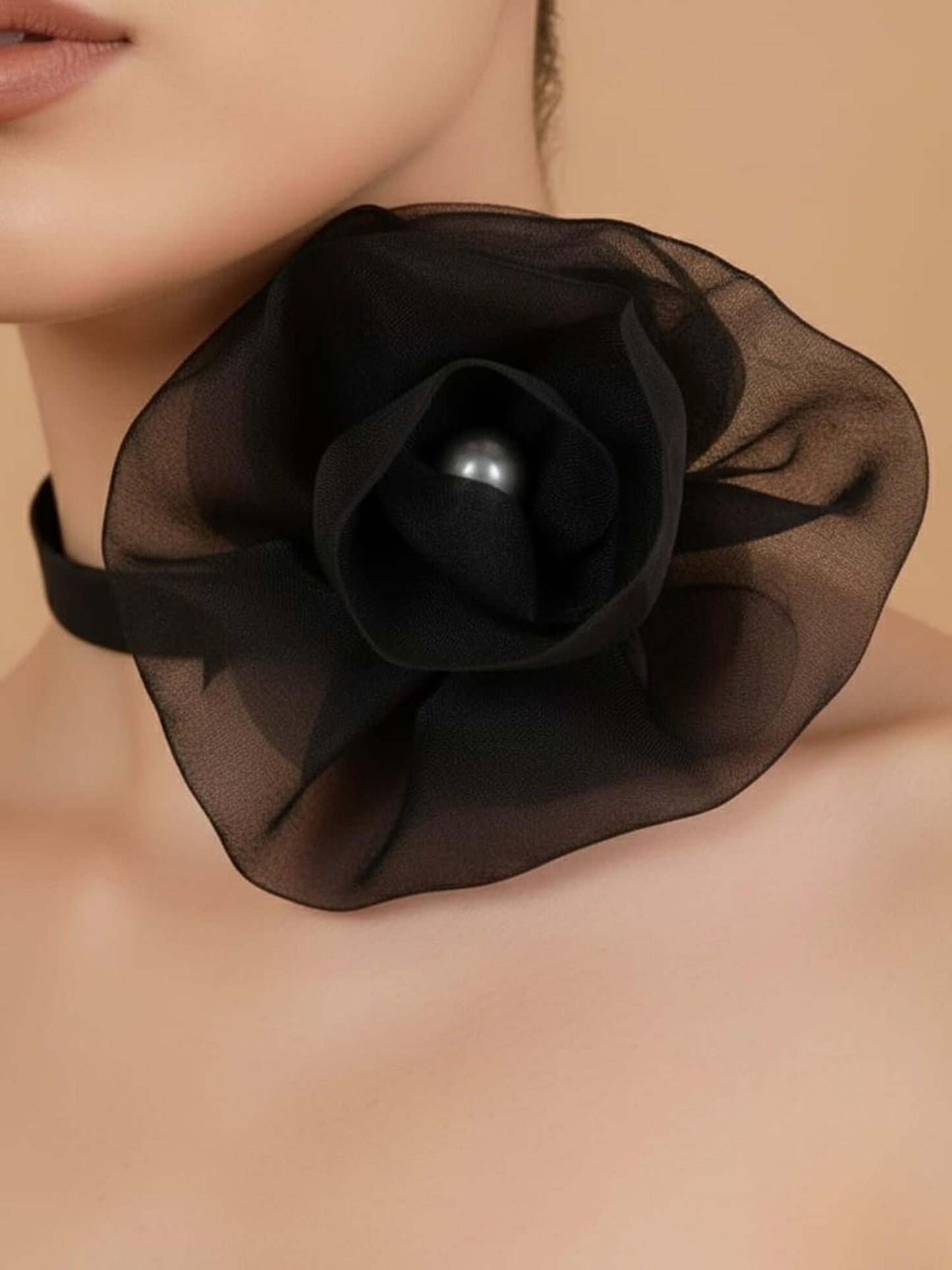 Black Organza Flower Choker with Pearl