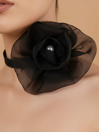 Black Organza Flower Choker with Pearl
