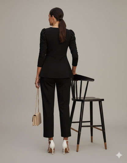 Black Solid Puff Sleeve Jumpsuit