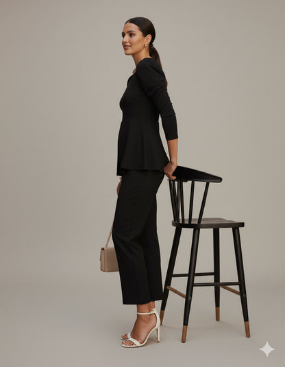Black Solid Puff Sleeve Jumpsuit