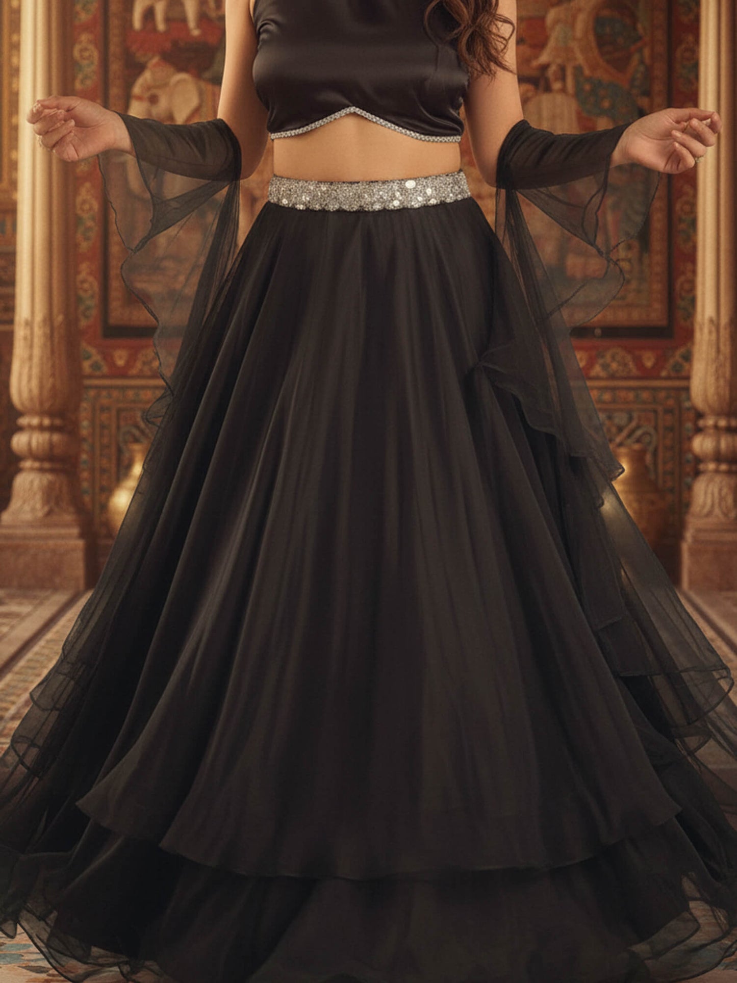 Black Organza Halter Neck Lehenga Set