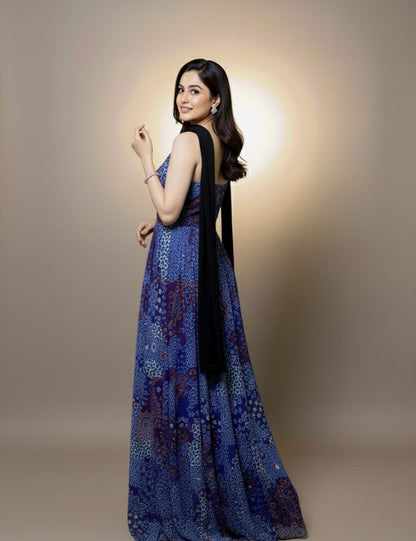 Blue Printed Maxi Dress with Dupatta
