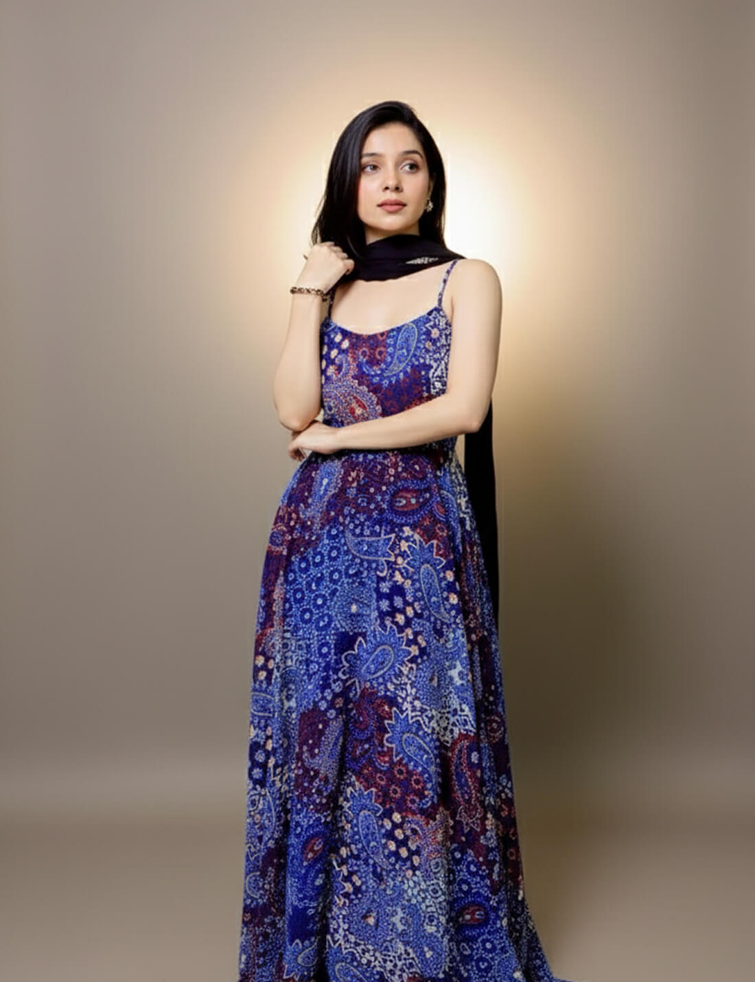 Blue Printed Maxi Dress with Dupatta