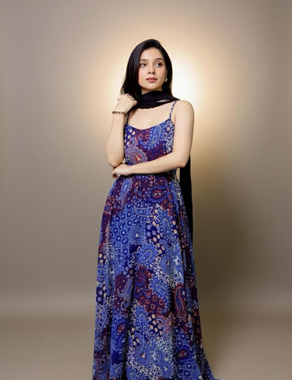 Blue Printed Maxi Dress with Dupatta