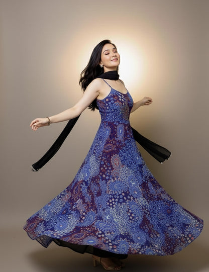 Blue Printed Maxi Dress with Dupatta
