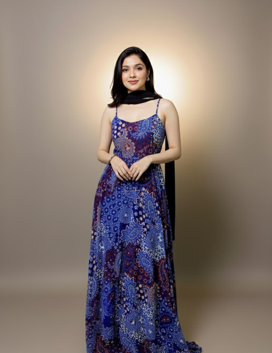 Blue Printed Maxi Dress with Dupatta