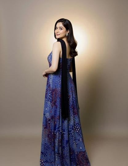 Blue Printed Maxi Dress with Dupatta